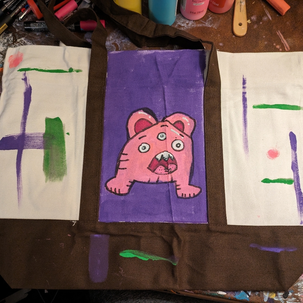 Hand painted cute and colorful monster tote bag